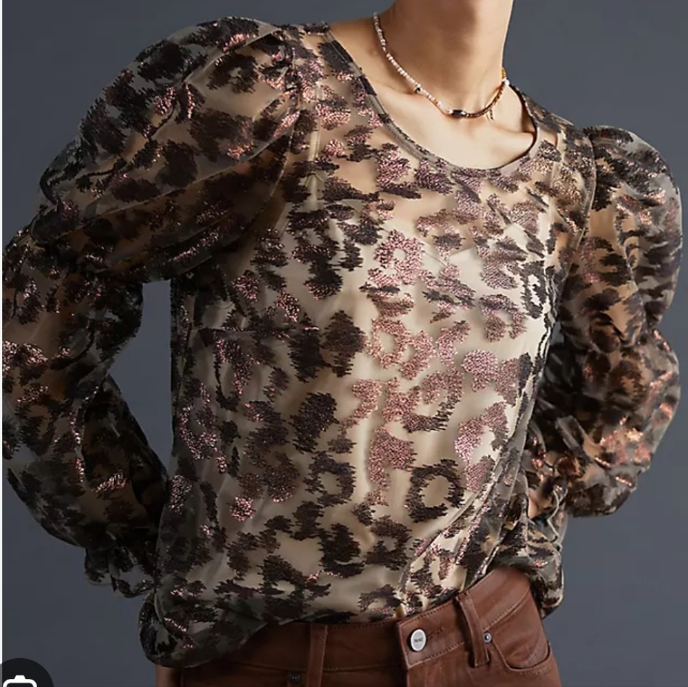 Anthropologie Eva Franco Glittery Leopard Print Sheer Top Blouse Sz Lp